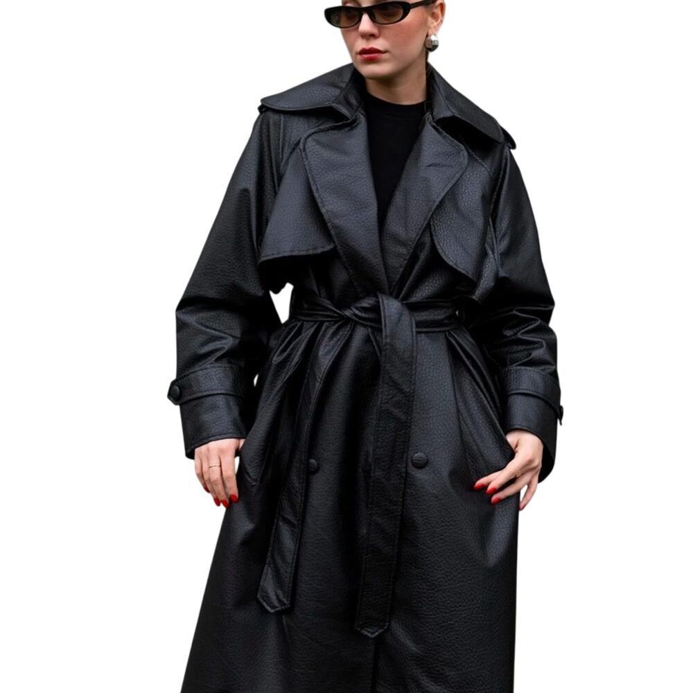 Black Trench Coat Faux Leather - Picture 4 of 12